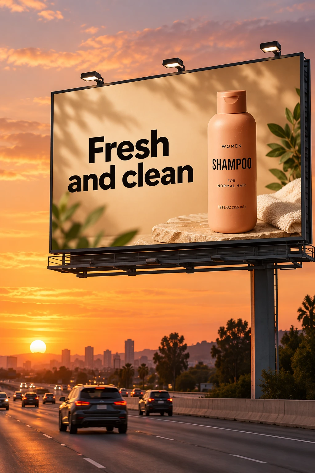 Shampoo billboard at sunset, generated by GPT Image 2.5 Sunburst