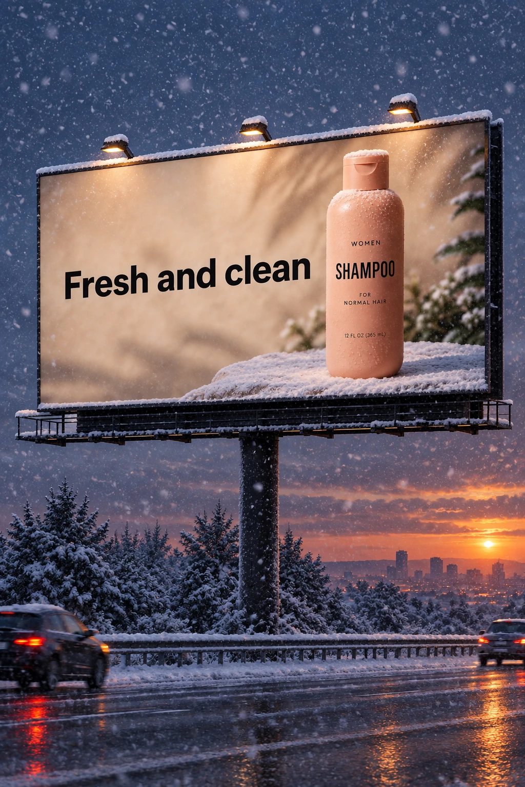 The same shampoo billboard changed to a snowy winter evening by GPT Image 2.5 Flare
