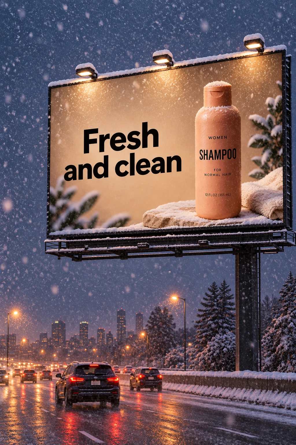 The same shampoo billboard changed to a snowy winter evening by GPT Image 2.5 Sunburst