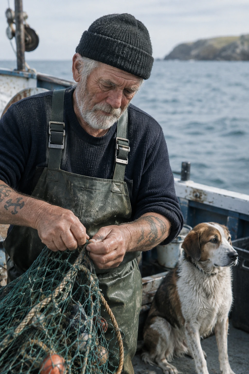 Photorealistic sailor repairing a fishing net, generated by GPT Image 2.5 Flare