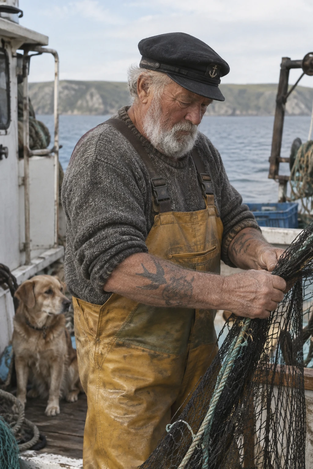 Photorealistic sailor repairing a fishing net, generated by GPT Image 2.5 Sunburst
