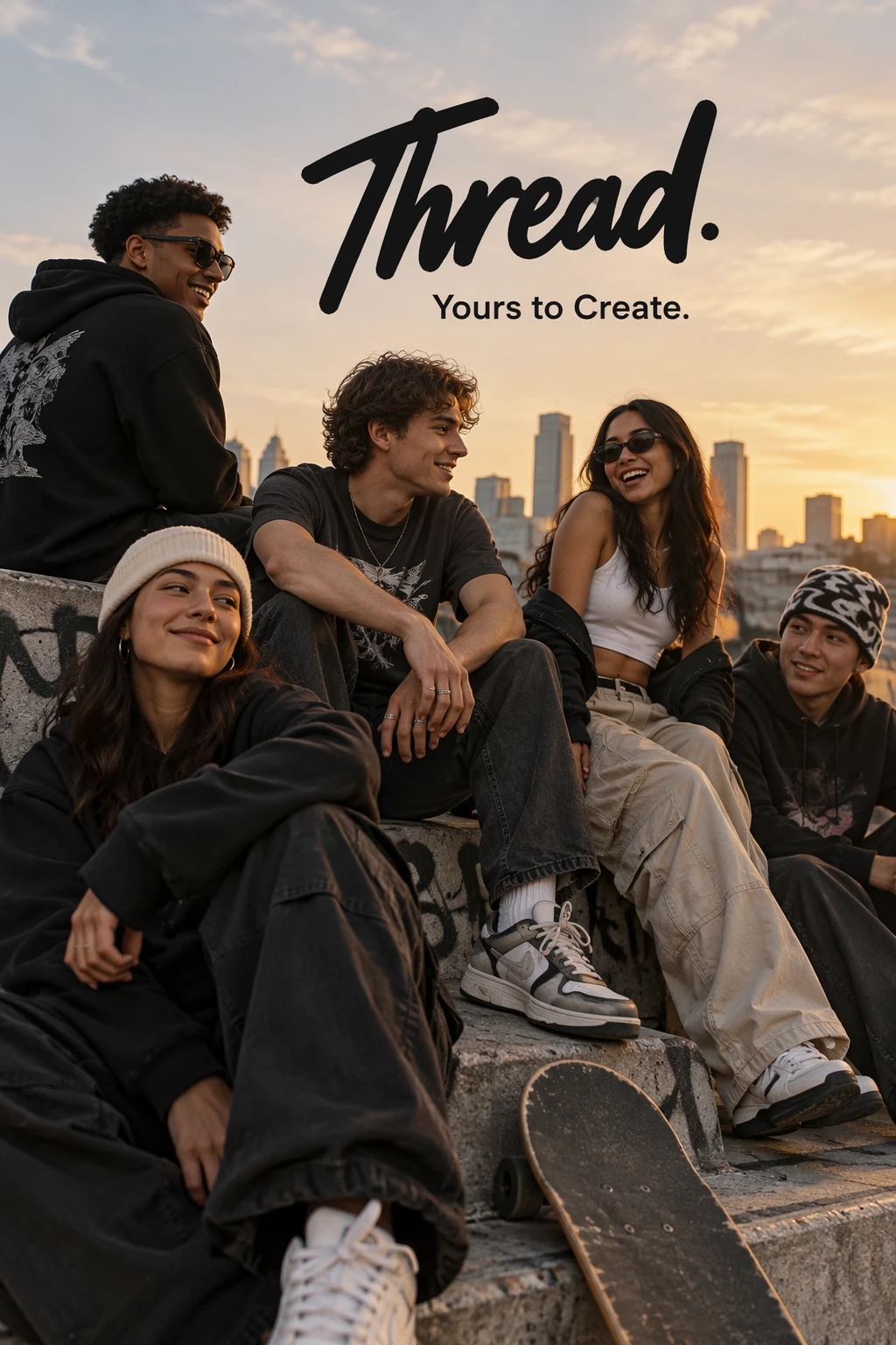 Thread streetwear advertisement with exact tagline, generated by GPT Image 2.5 Sunburst