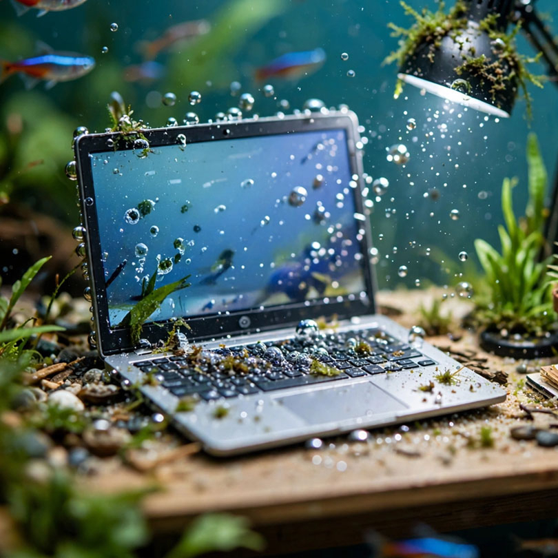 Desk and laptop inside a fish tank with fish swimming around, a complex multi-object scene generated by Meta Muse Image