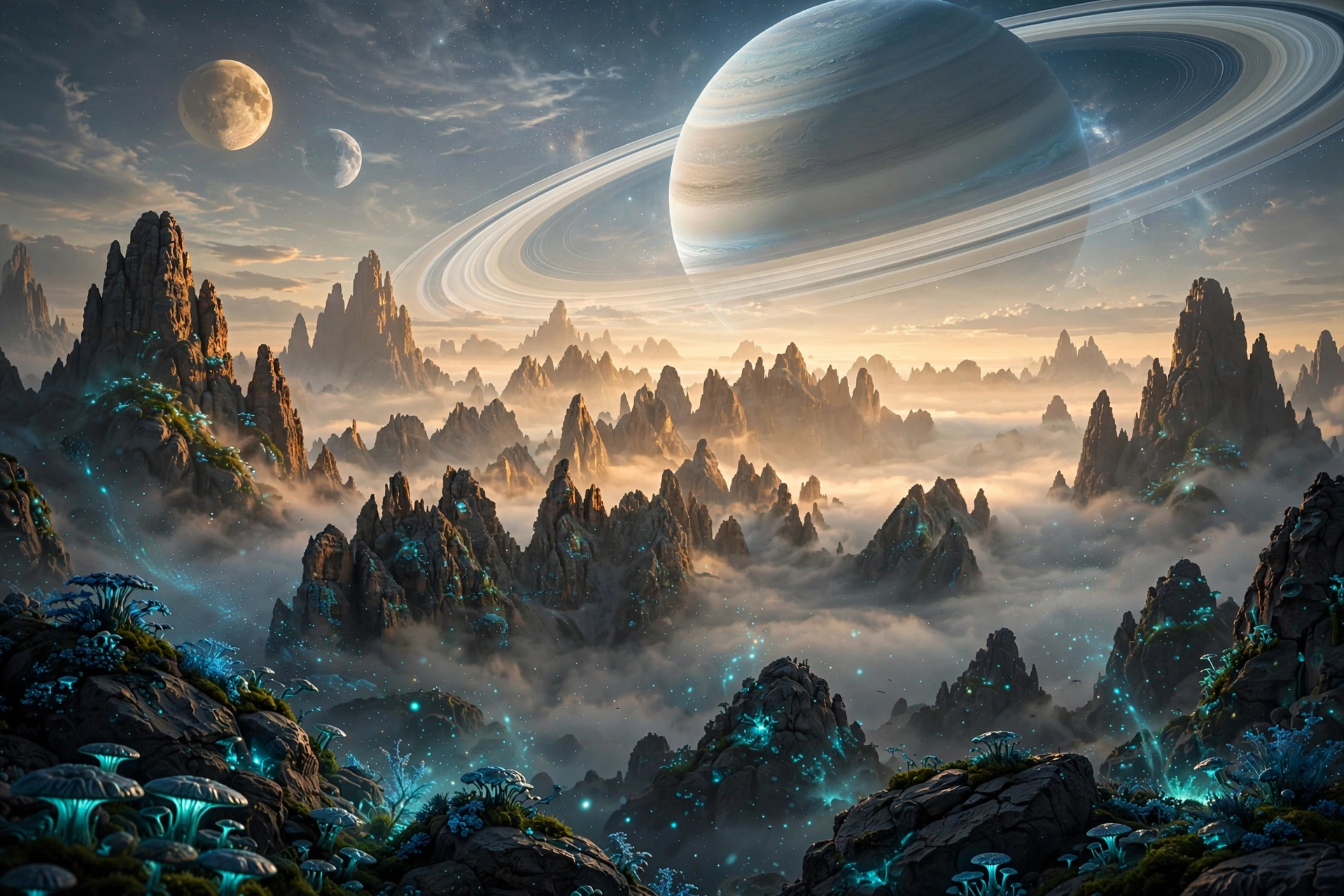 Sci-fi matte painting of a mountainscape and a distant planet generated by Meta Muse Image